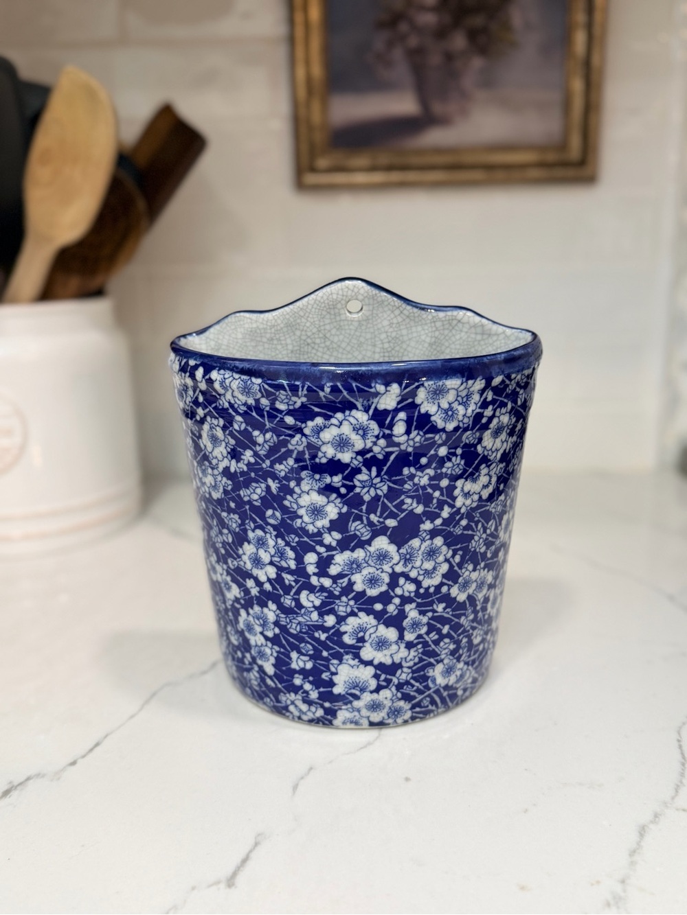 Blue Floral Ceramic Wall Pocket Vase